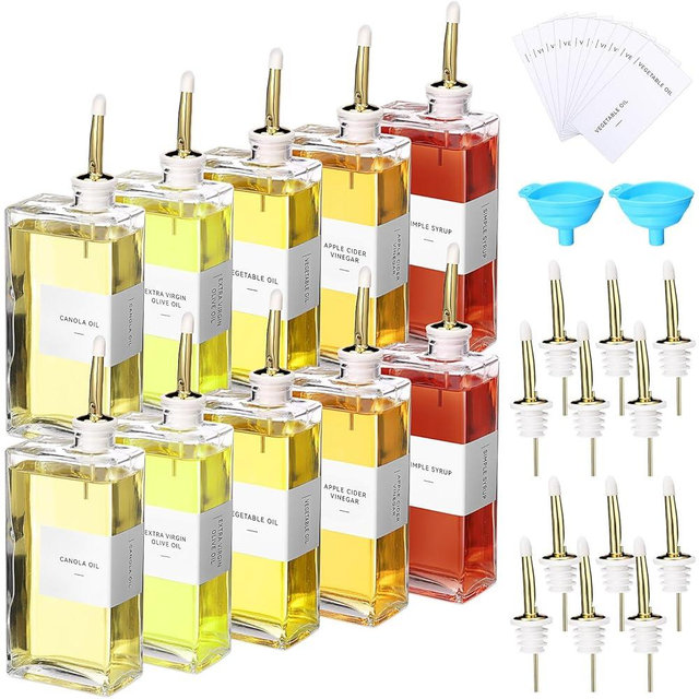 Reallnaive 10 Sets Olive Oil Dispenser Bottles for Kitchen with Nozzles Funnel Labels Cooking Oil Dispenser 500ml Set for Kitchen Vinegar Coffee Syrup (Gold)