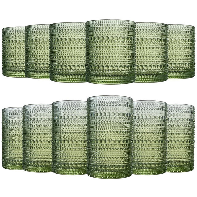 Green Vintage Hobnail Colored Beaded Drinking Glasses | 12 Set | 6x Tumbler 11oz + 6x Highball 12oz Bubble Design Glassware, Water Cocktail, Old Fashioned Beverage Embossed Heavy Glass, Rocks Glass