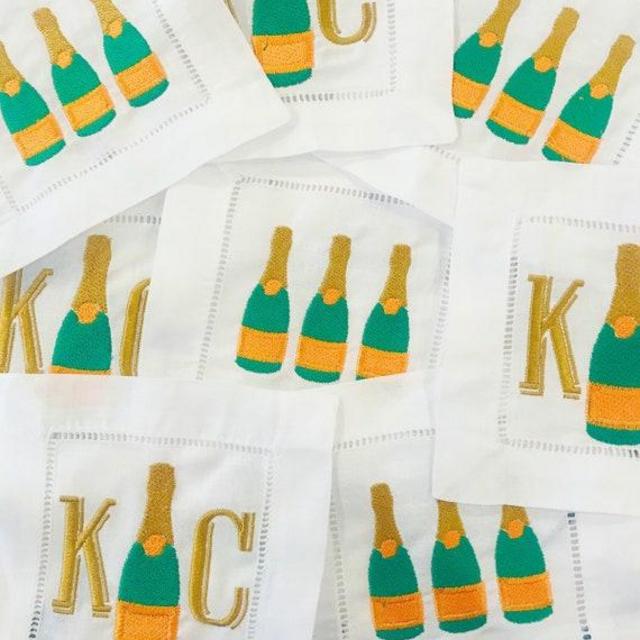 Champagne Monogram Embroidered Linen Cocktail Napkins | Custom Embroidery | Wedding gift | Housewarming gift | Shower Gift | veuve orange