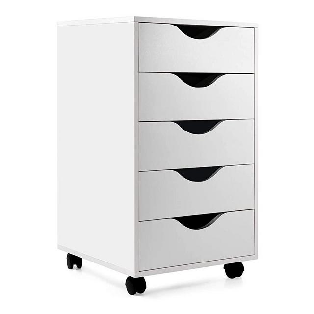 EDGEWOOD Mobile Filing Storage File Vertical Wood Folder Organizer Cabinet with Wheel Lockable Casters, 5 Drawers, 16“D x 16”W x 26”H, White