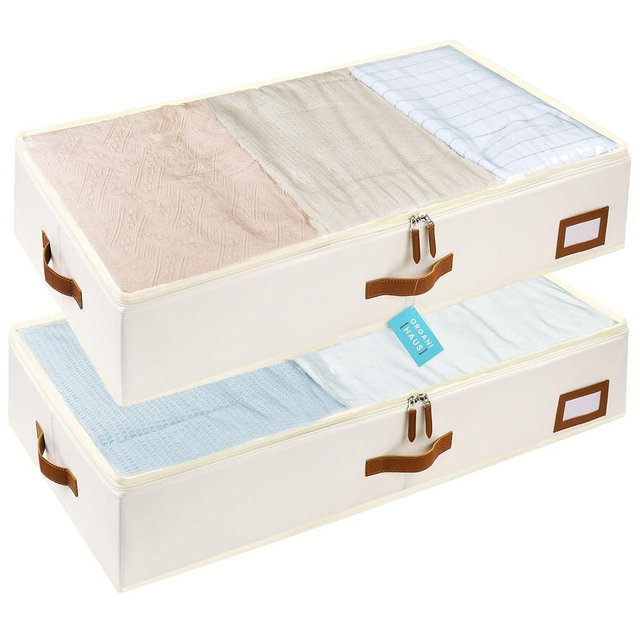 OrganiHaus Under Bed Storage Containers, Bedroom Storage and Organization Bins, Clothes Organizer for Closet with Clear Cover and Reinforced Handles - Set of 2 33x17x6 inches Off-White