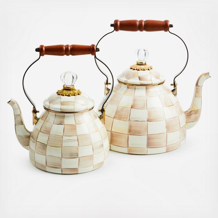 MacKenzie-Childs, Mocha Check Stainless Steel Tea Kettle | Zola