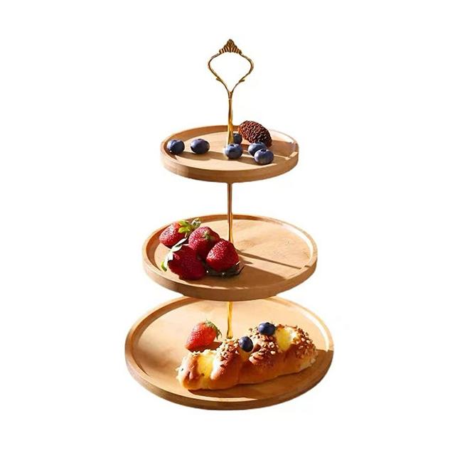 3 Tier Tray ,Bamboo Tier Serving Stand ,Farmhouse Tiered Tray Decor with Metal Brackets Kitchen, Cupcake Stand,Coffee Table, Cake and Party Round Tray