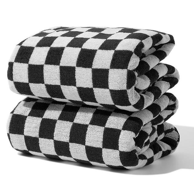 Indulge in Luxury with Checkered Bath Towels - 100% Cotton, Super Soft & Absorbent, Fade-Resistant, Cozy, and Perfect for Gifting (2 Towels) (Black)