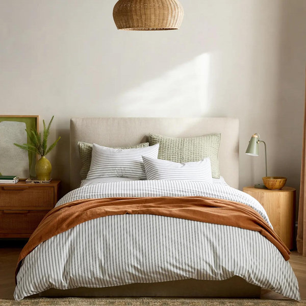 Classic Organic Percale Duvet Cover Set, Double Stripe Pine - King/Cal King