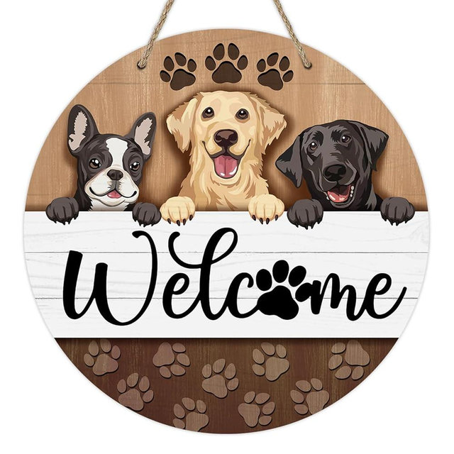 Deroro Welcome Dogs Front Door Sign, Paw Prints Wood Door Hanger Outdoor Outside Porch Decor Pet Lover Owner Gifts, Labrador Golden Retriever Farmhouse Wooden Wreath Indoor Wall Hanging Decoration