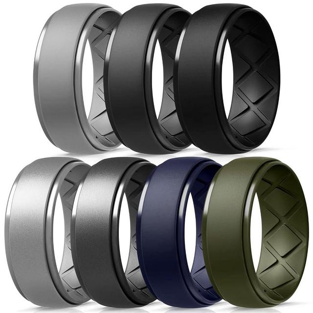 Egnaro Inner Arc Ergonomic Breathable Design, Silicone Rings Mens with Half Sizes, 7 Rings / 4 Rings / 1 Ring Rubber Wedding Bands, 10mm Wide-2.5mm Thick