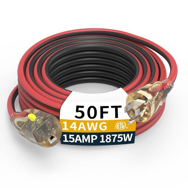50FT Medium Duty Outdoor Extension Cords, 14/3 Gauge Electrical Wire Cable, 15 Amp Waterproof, LED Lighted Locking Plug for Indoor and Outside Use, Power Cord ETL Certified