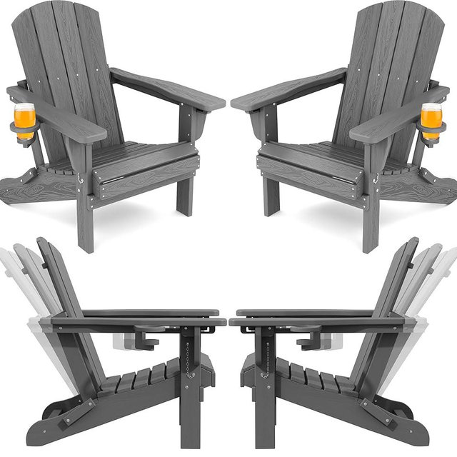 SERWALL Folding Adirondack Chair Set of 4, Adjustable Adirondack Chair with 3 Recline Positions, All Weather HDPE Outdoor Adirondack with Cup Holders, Gray
