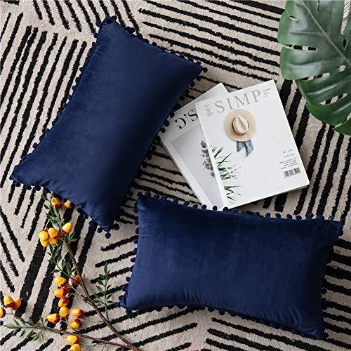 DEZENE Couch Pillow Cases 12x20 Navy: 2 Pack Cozy Soft Pom-poms Velvet Rectangular Throw Pillow Covers for Farmhouse Home Decor
