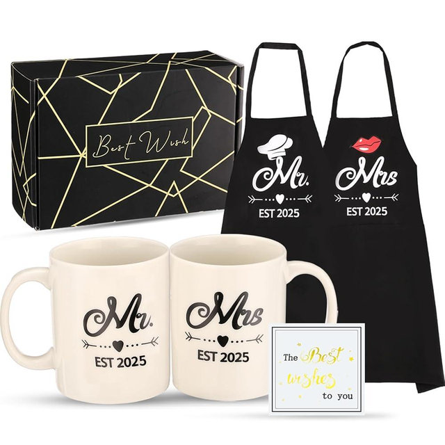 Mr and Mrs Est 2025 Mug and Apron Set, Bridal Shower Gifts, Wedding Engagement Gifts for Couples, Anniversary Valentines Day Gifts for Couple, His and Her Gifts, Funny Kitchen Gifts for Couples