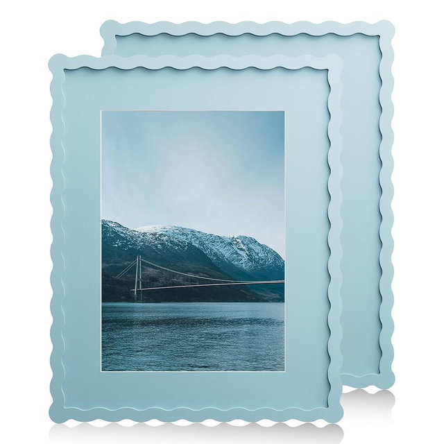 Chrspk 11x14 Wavy Picture Frame With Mat For 8x10, Wavy Edge Wooden Picture Frame with Real Glass - Wall Mount Display, Blue, 2 Pack