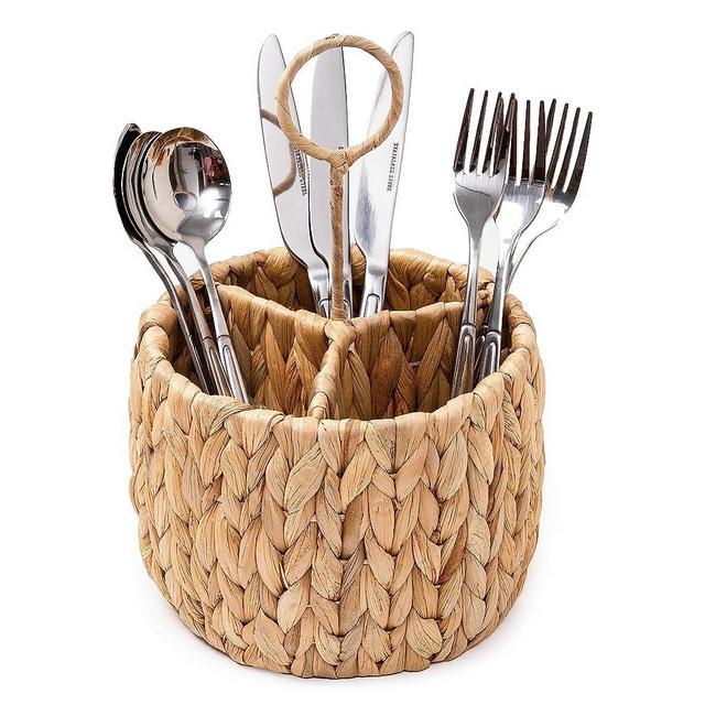 KOLWOVEN Wicker Flatware Organizer, Kitchen Utensil Holder for Countertop, Silverware Caddy Natural Woven Flatware Caddy with 3 Compartments, Cooking Utensil Organizer