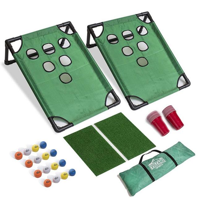 VULCANO SPORTS Beer Pong Golf Game Set Includes Target Boards, 20 Red Cups, Chipping Mats, 16 Foam Golf Balls, and a Travel Carrying Case for Outdoor Backyard Play, Tailgating or Chipping Practice