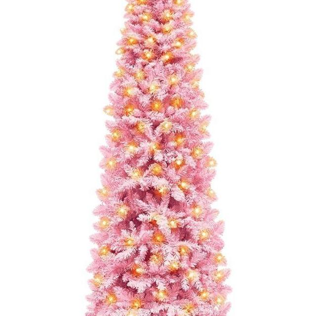 7.5 Ft Prelit Pink Valentines Tree,300 LED Warm Lights,1150 Thick Branch Tips, Fire-Resistant,UL Plug,Metal Stand,Hinged Artificial Slim Skinny Pencil Xmas Tree Valentines Day Decorations Home Indoor