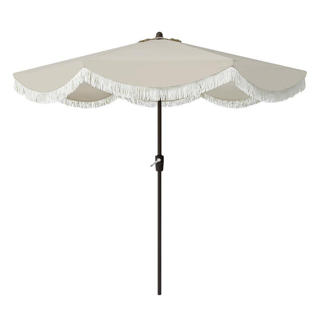 Tempera 9ft Auto Tilt Scalloped Patio Umbrellas with Fringe, Outdoor Table Umbrellas with Fade Resistant Canopy, 8 Sturdy Rids, Luxurious Vintage Umbrellas for Lawn, Pool, Deck, Balcony