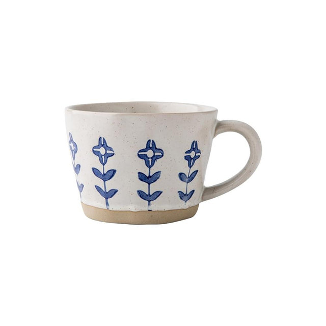 QIXCOZTI Ceramic Mugs for Men & Women, Unique Microwave & Dishwasher Safe Tea/Coffee Rustic Stoneware Cups for Office & Home (Blue Floral Mug)