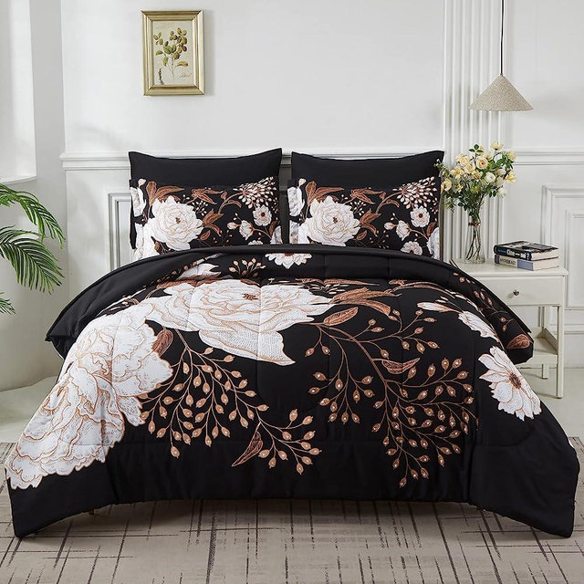 Yogeneg 7 Piece Bed in a Bag King Size Comforter Set Botanical Floral Bedding Set,White Flower Leaves Printed on Black Reversible Design,Soft Microfiber Comforter with Sheet Set,All Season(Black,King)