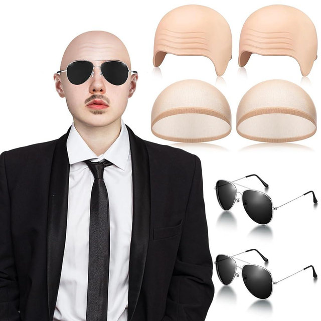 Mepase 6 Pcs Halloween Bald Cap with Glasses Bald Head Wig Cap Party Costume Accessories for Adults Women Men Cosplay(Wrinkle)