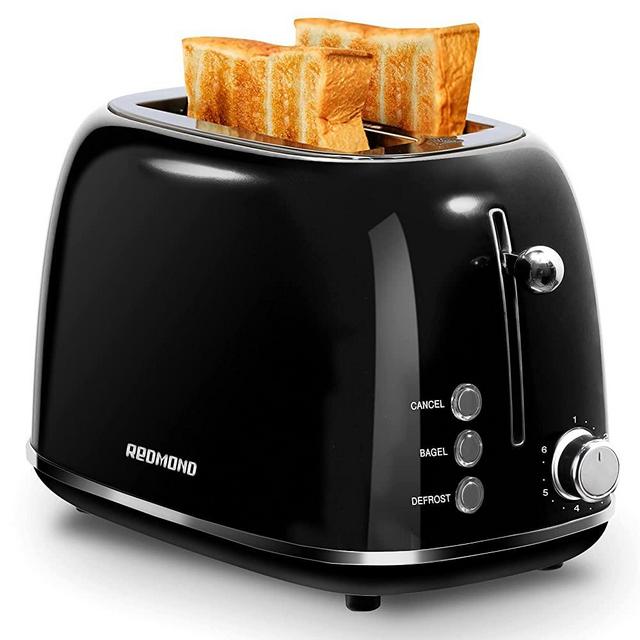 REDMOND 2 Slice Toaster Retro Stainless Steel Toaster with Bagel, Cancel, Defrost Function and 6 Bread Shade Settings Bread Toaster, Extra Wide Slot and Removable Crumb Tray, Black, ST028