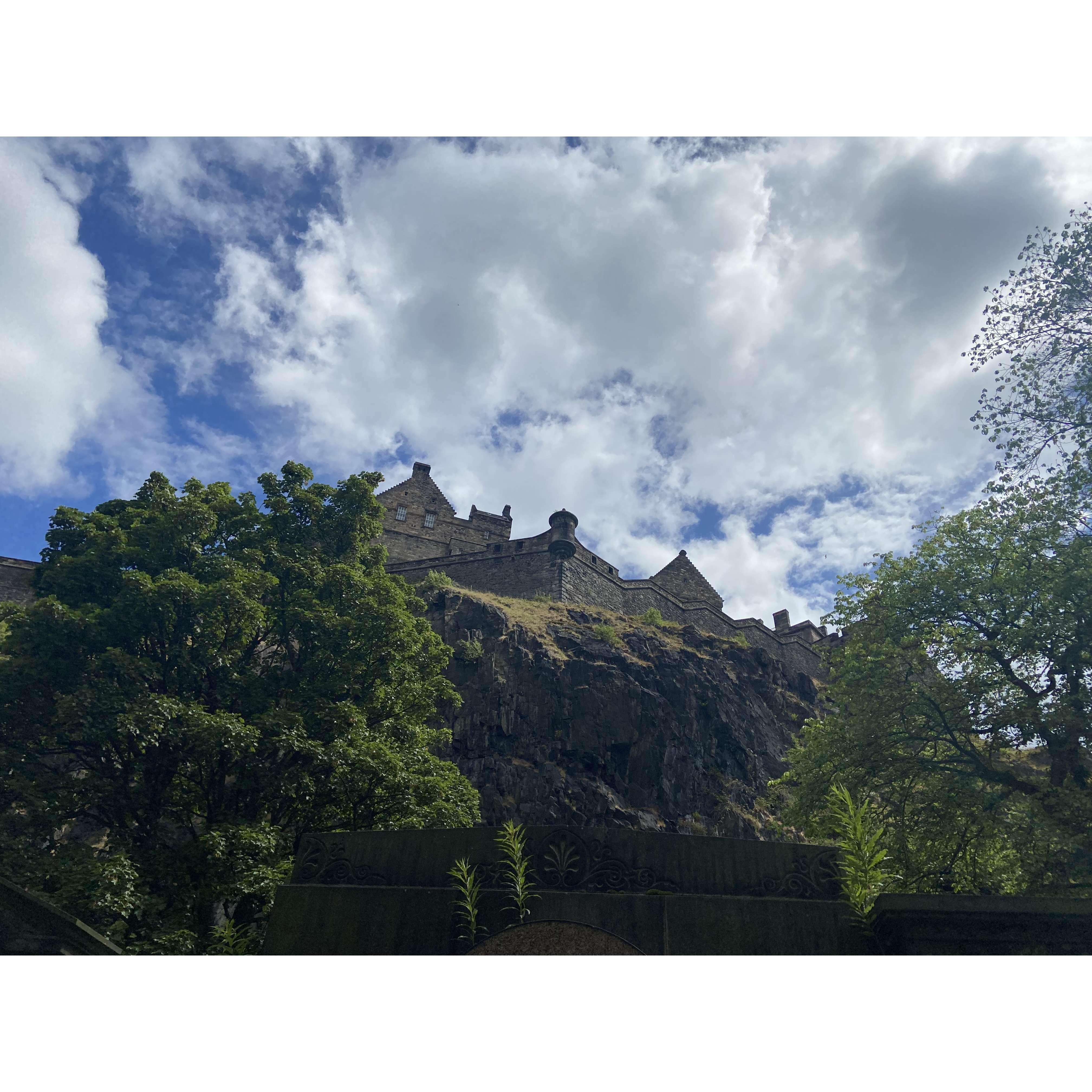 View of the castle from the graveyard. This graveyard was on the side that originally had a Loch on it. That is a lake, it was where all of the poop from the city was sent..... 