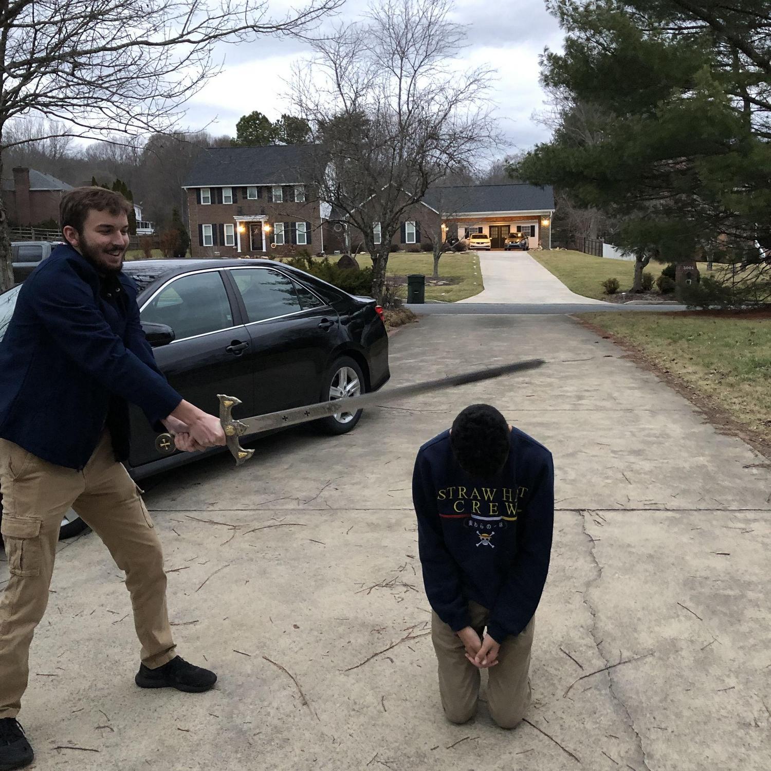 Montana executing Issac (both groomsman)