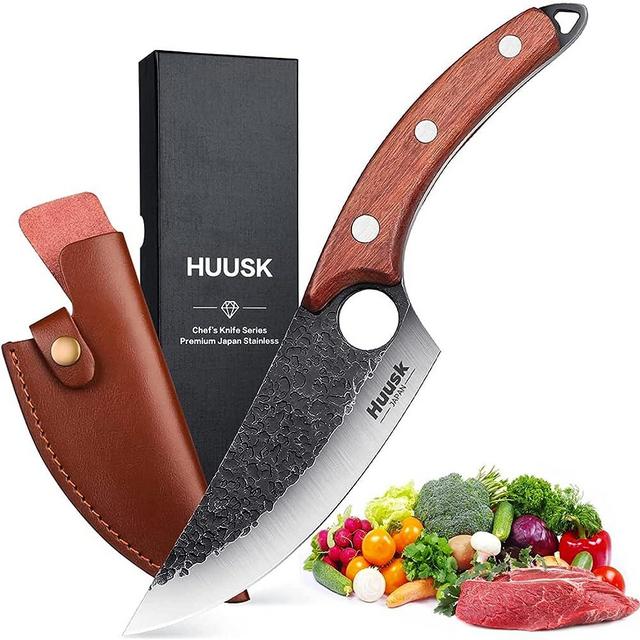 Huusk Viking Knife, Japanese Style Meat Cleaver Knives, Forged Boning Knife with Sheath, High Carbon Steel Chef Knives for Kitchen, Camping or BBQ