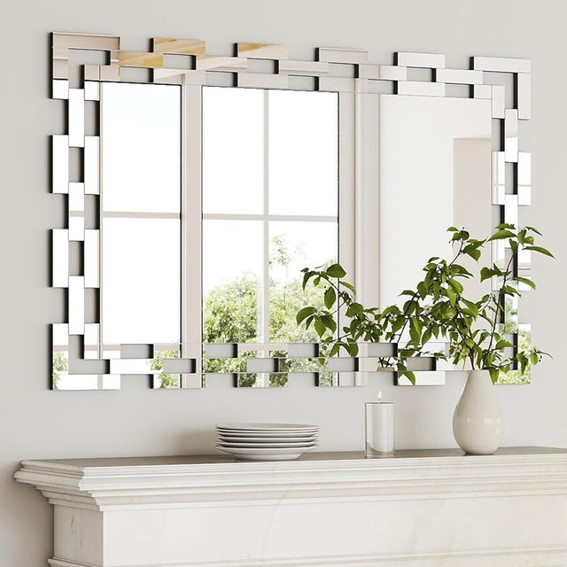 Chende Large Living Room Mirror, 40'' x 28'' Modern Decorative Mirror with Glass Frame, Rectangle Frameless Wall Mirror for Bathroom, Entryway, Dining Room