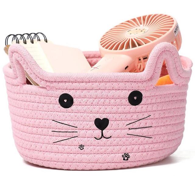 Zopeal Cat Basket Storage Woven Organizer with Ears Christmas Decorative Pet Toy Cute Cotton Rope Basket for Gift Cat Dog Toy Bin Nursery Room(8.3 x 4.7 Inch,Pink)