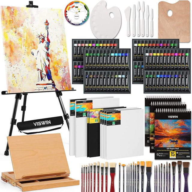 VISWIN 148 Pcs Super Deluxe Painting Kit with Tabletop & Field Easel, 96 Oil, Watercolor & Acrylic Paint Set, Canvas, Paintbrush, Palette, Professional Painting Set for Adult, Artist, Beginner