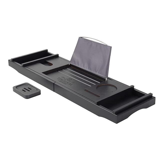 Luxury Bamboo Bathtub Caddy Tray, Yongsenina Premium 1 or 2 Person Bath Tray for Tub, Bath Tub Table with Wine Slots and Bath Book Holder Free Soap Dish - Black