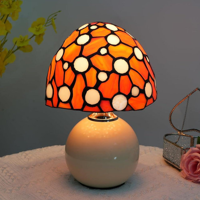 Blivuself Tiffany Style Stained Glass Orange Mushroom Lamp Bedroom Bedside Office Art Nightstand Accent Led Small Night Light Unique Esthetic Cute Kids Girls Decor Vintage Home Ceramic Desk Table Lamp