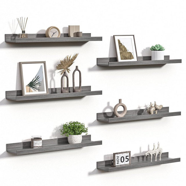 upsimples Floating Shelves for Wall, 23.6 Inch Shelves for Decor Storage Set of 6, Wall Mounted Wood Shelf for Bedroom, Living Room, Bathroom, Kitchen, Long Picture Ledge Shelves, Grey