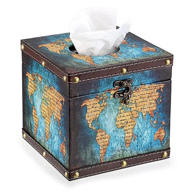 Sumnacon Retro Wood Square Tissue Box Cover - Vintage Cube Tissue Box Holder, Decorative Facial Tissue Holder for Bedroom Bathroom Dresser Night Stand Table Car Store Office Home Decor, Green