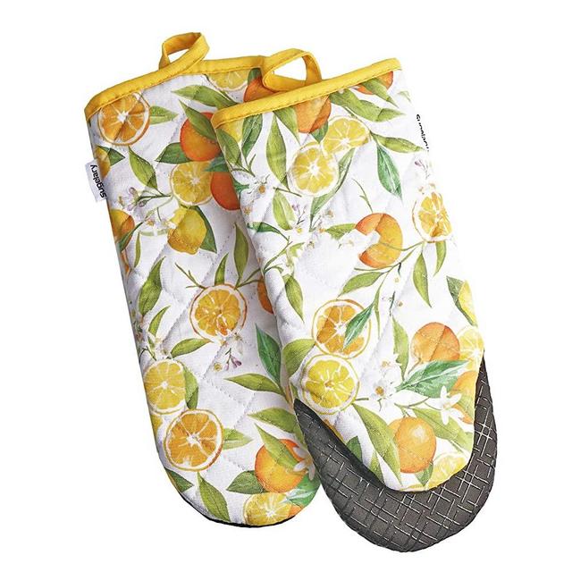 Sugelary Oven Mitts, Heat Resistant up to 500F Kitchen Mittens, Non-Slip Grip Oven Gloves with Silicone Stripes and Quilted Cotton, Extra Long Flexible Pot Holders for Cooking, Baking, BBQ (Lemon)