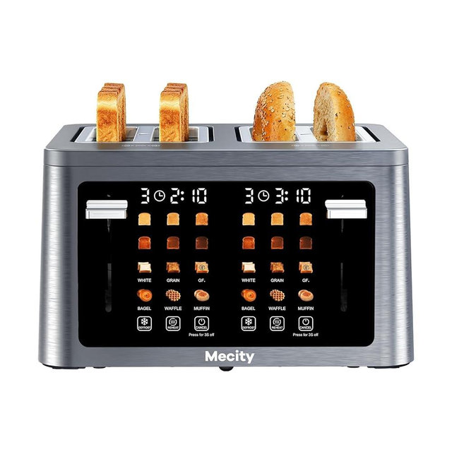 Mecity 4 Slice Touchscreen Toaster, 6 Bread Modes & 6 Browning Levels, Dual Touch Control Wide Slot Stainless Steel Electric Toaster with Memory, Defrost, 3-Min Auto Shutoff for White, Bagels, Waffles