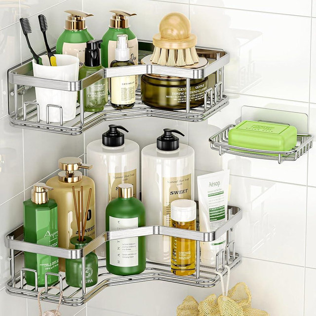 MAXIFFE Shower Caddy, 3 Pack Rustproof Stainless Steel Showert Organizer, Shower Shelf with 8 Hooks, Adhesive Shower Storage, Wall Mounted Shower Shelf for Inside Shower, Silver