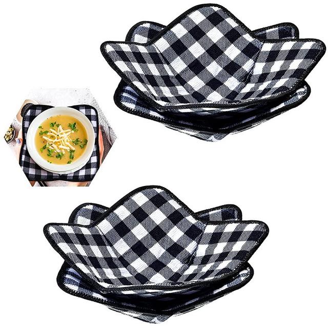 4 Pieces Buffalo Plaid Bowl Huggers Sponge and Microfiber Small Bowls Holder Bowl Potholders for Microwave Bowl Food Huggers Food Warmer for Home Kitchen and Hot Bowl Holder (Black, White)