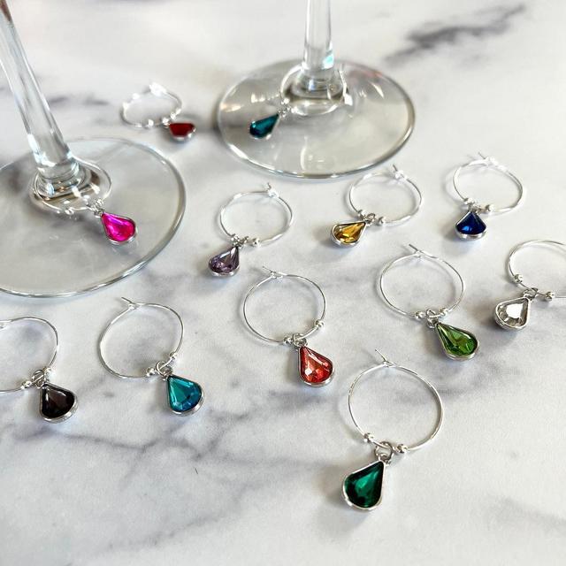 Wine Glass Charms—Multiple Colored Silver Teardrop Glass Gems (Set of 12)