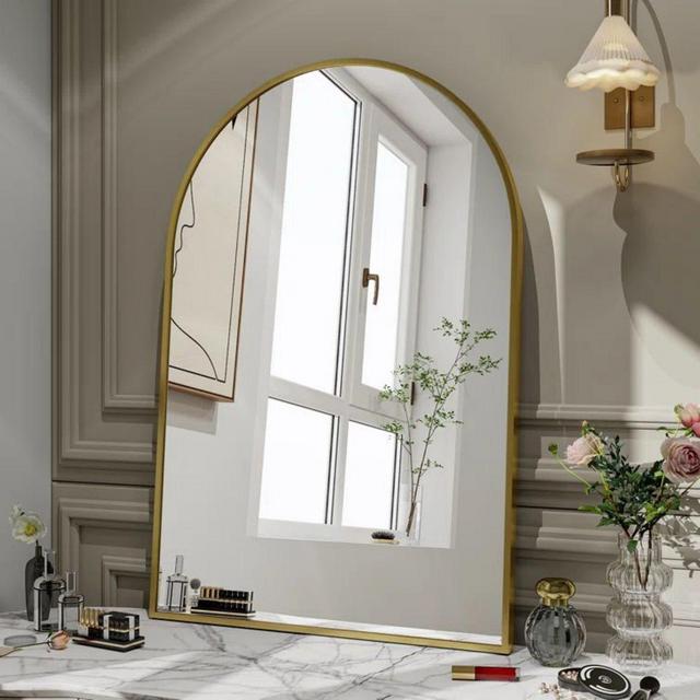 24" x 36" Arched Mantle Mirror, Gold-HOMLUX: Metal Frame, Wall Mount, Modern Decor