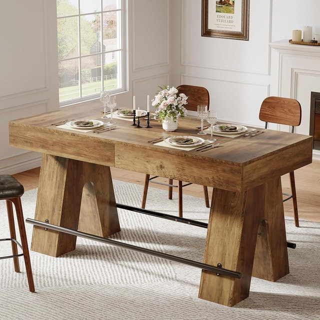 Tribesigns 63" Dining Table for 4-6, Counter Height Kitchen Table with Metal Footrest, High Top Bar Counter Tables with Sturdy Base for Dining Room, Apartment, Rustic Brown