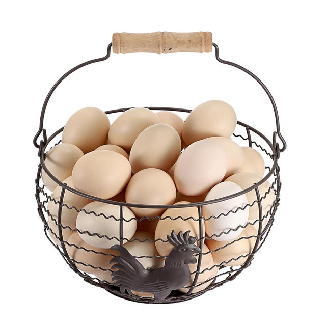 OGANAZI Farmhouse Egg 8'' Basket for Gathering Fresh Eggs, Rustic Metal Wire Chicken Eggs Holder Basket for Countertop Kitchen, Wire Egg Basket Vintage Style, Round, Rooster Pattern, Solid Bottom