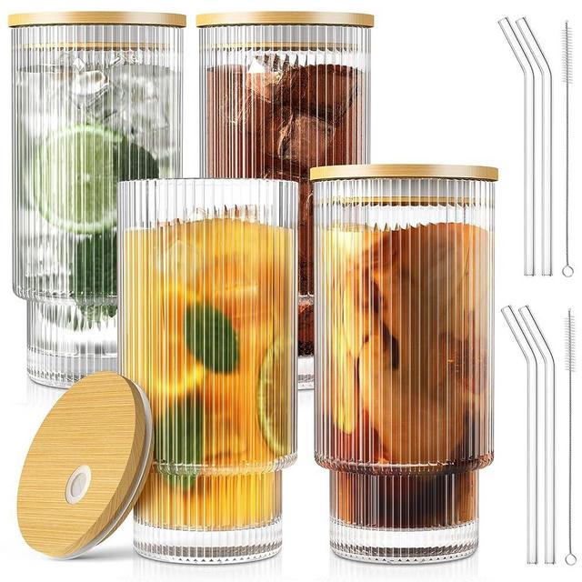 16OZ Ribbed Glass Cups with Bamboo Lids and Glass Straws 4 Set, Vintage Glassware for Whiskey Cocktail Beer, Iced Coffee Cups for Cute Gifts