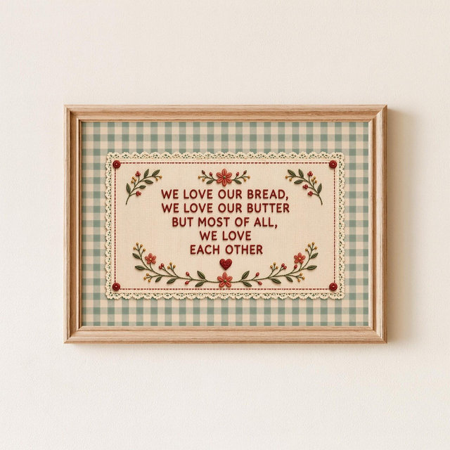 We Love Our Bread We Love Our Butter Wall Art, Scandinavian Folk Embroidery Kitchen Print, Vintage Cottagecore Kitchen Decor.