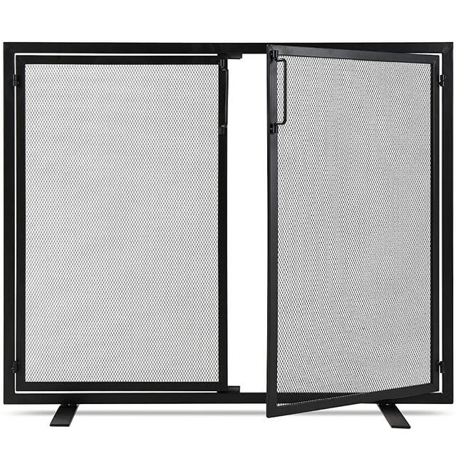 Best Choice Products 38.5x31in 2-Door Fireplace Screen, Handcrafted Wrought Iron Decorative Mesh Geometric Fire Spark Guard w/Magnetic Panels - Black