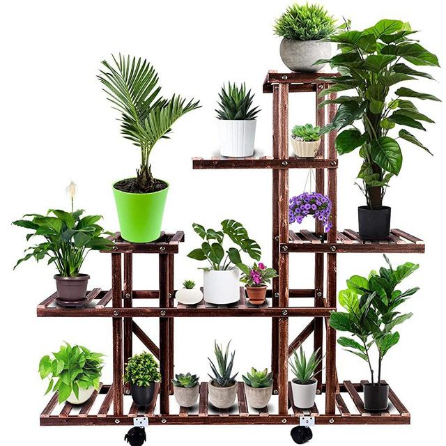 Brightup Plant Stand, Wood Plant shelf with Detachable Wheels for Indoor Outdoor, 6 Tier 17 Pots Tall Wooden Plant Shelves Display Rack Holder in Garden Bathroom Office Living Room Balcony Patio Yard