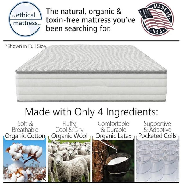 Ethical Mattress CO 10" Toxin-Free Hybrid Mattress, Made in The USA with Organic Cotton, Wool, Latex & Pocketed Coils (No Fiberglass or Polyfoams) Comfortable & Supportive Bed-in-Box - King Size