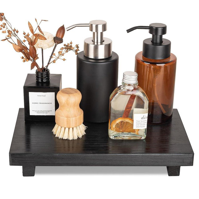 Large Bathroom Counter Organizer Wood Pedestal Stand Farmhouse Decorative Tray Soap Holder for Kitchen Decor, Black