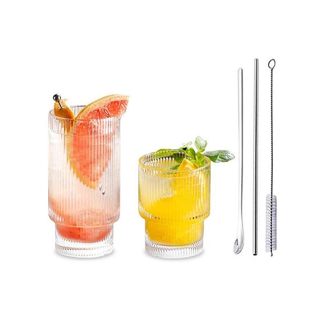 Origami Style Glass Cups Set of 2, Ripple Vintage Glassware Transparent Cocktail Glasses Set, Ice Coffee Cup Bar Beverages Drinkware with Straw, Straw Brush, Mixing Spoon, Clear (S+L)
