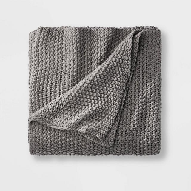 Full/Queen Chunky Knit Bed Blanket Dark Gray - Casaluna™